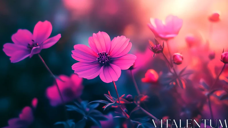 Luminous Pink Cosmos Flowers Bathed in Golden Sunlight