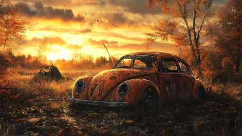 Rusty vintage car rests softly in a golden autumn sunset