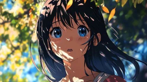 Anime girl under dappled tree light with autumn foliage.