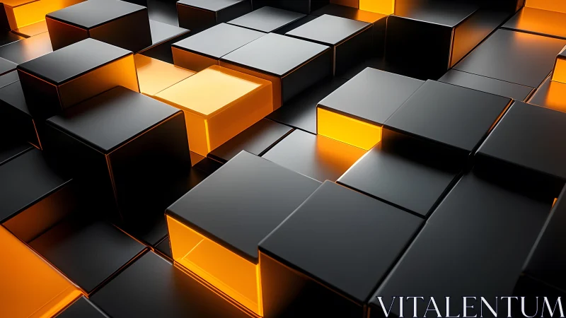 Geometric Black Cubes with Glowing Orange Light, Futuristic Style.