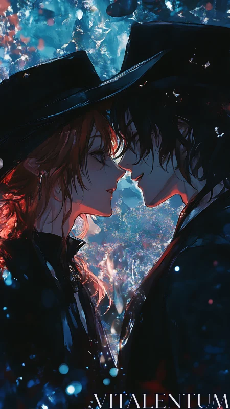 Backlit profile study of two hat-wearing figures in saturated bokeh