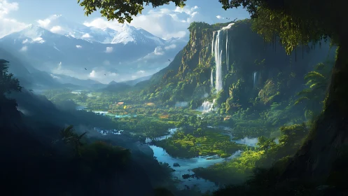 Emerald valley listens quietly to thundering skyfall waters