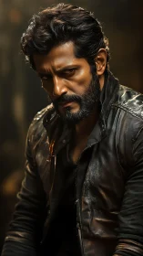 Bearded man in worn leather jacket under dramatic lighting.