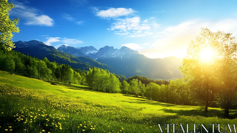 Sunlit alpine meadow unfolds beneath distant snowy peaks.
