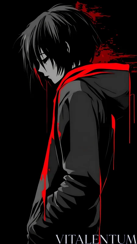 Brooding anime boy in black hoodie with stark red accents.