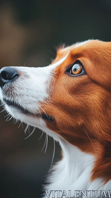 Upward gaze of a tricolor dog in soft natural bokeh light.