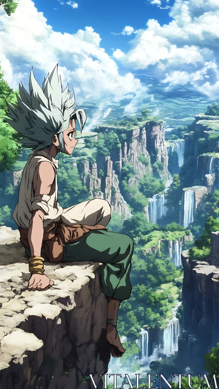 Anime explorer overlooks lush canyon with cascading falls.