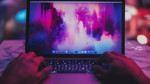 Backlit MacBook Pro with neon abstract wallpaper and typing hands