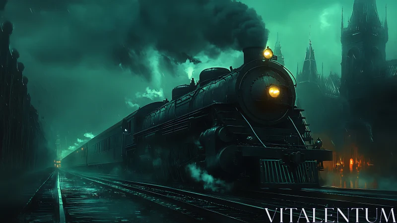 Steam locomotive at night in eerie green-lit city.