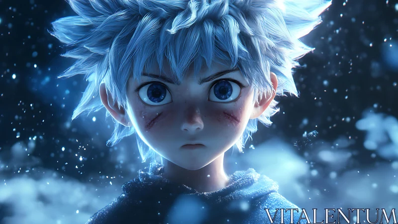 Silver-haired anime boy faces storm in icy blue light.