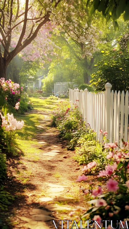 Sunlit garden path beside white picket fence in bloom.