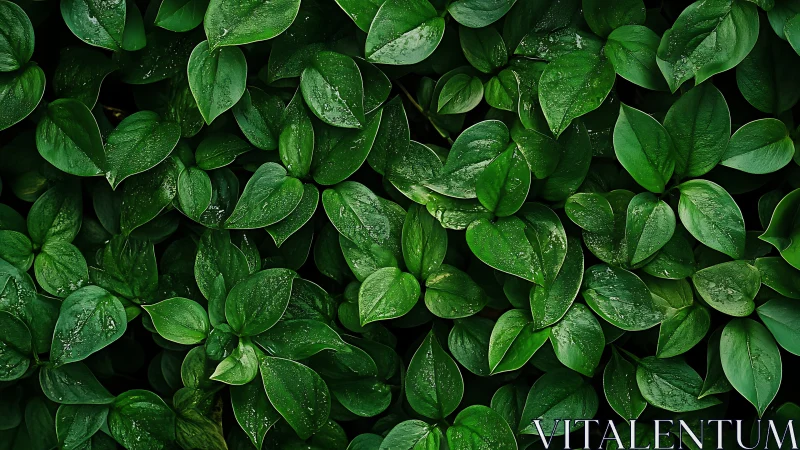 Emerald leaf tapestry glistening with raindrop whispers.