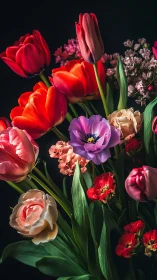Vibrant Spring Bouquet with Tulips and Roses Against Dark Background.