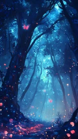 Enchanted Forest with Luminescent Butterflies and Glowing Particles.