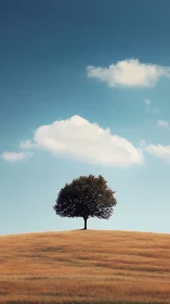 Solitary tree crowns a golden hill beneath calm blue skies