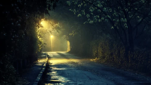 Nocturnal lane with lamplit vanishing point perspective.