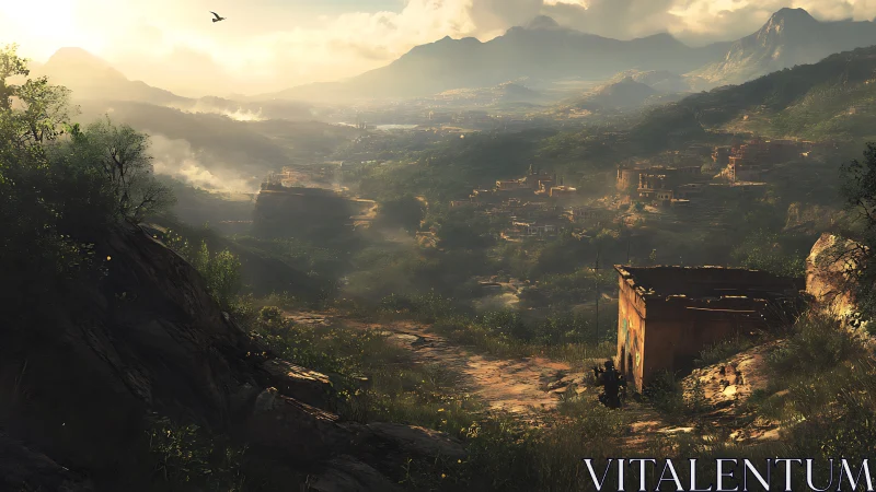 Sunlit mountain valley settlement with distant misty ridges.