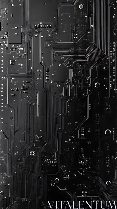 Black printed circuit board surface shows dense trace layout
