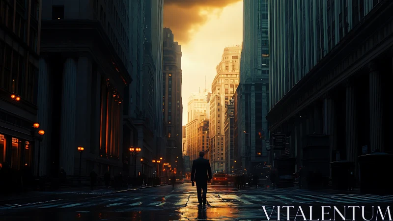 Solitary figure crossing wet city street at dramatic sunset.