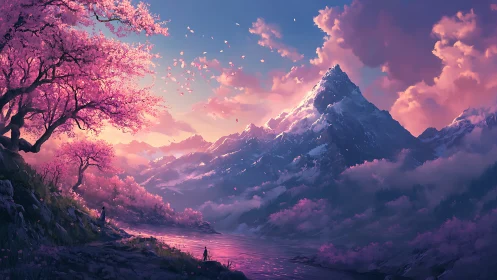 Blossom-lit mountain realm under a drifting petal sky.
