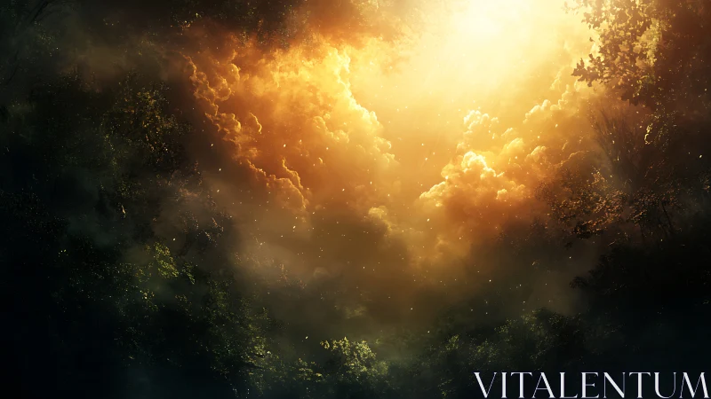 Sunlit cloudburst opens a mystical forest sky portal.