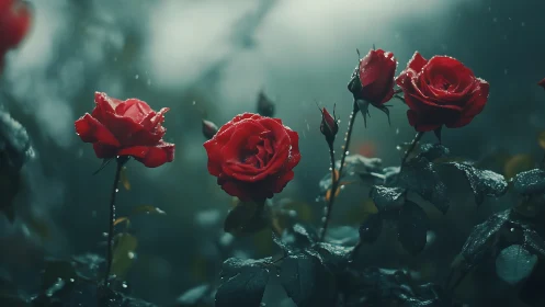 Rain-Kissed Red Roses in Moody Garden Setting.