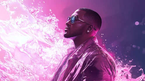 Neon-lit portrait of a man in reflective jacket amid liquid light