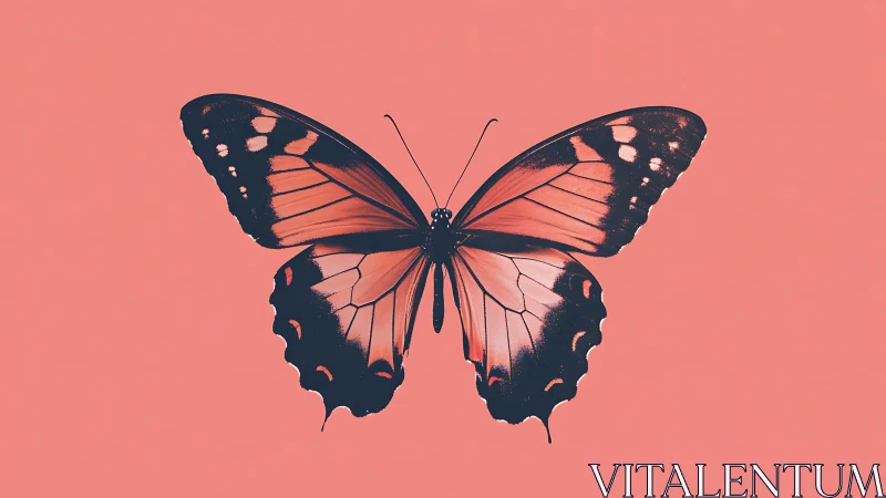 Coral winged butterfly drifts in minimalist dreamscape hush.