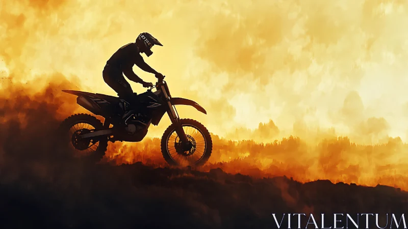 Trailblazing dirt biker cuts firelit path through dusk sky.