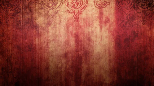 Textured crimson vignette with distressed damask ornaments.