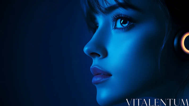 Futuristic female profile in neon blue rim lighting portrait.
