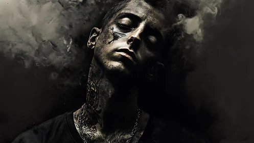 Low-key portrait isolates tattooed subject in dense atmospheric smoke