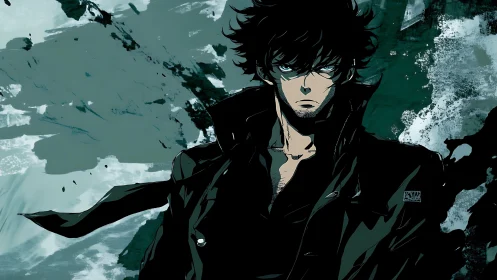 Brooding anime antihero stands against abstract storm backdrop.