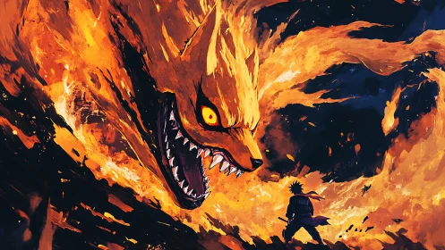 Blazing fox spirit encircling lone warrior in inferno storm.