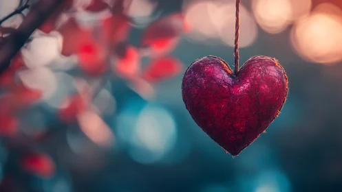 Red heart ornament suspended with blurred festive lights backdrop