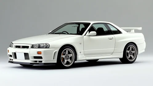 White Nissan Skyline GT-R R34 coupe on studio neutral grey background