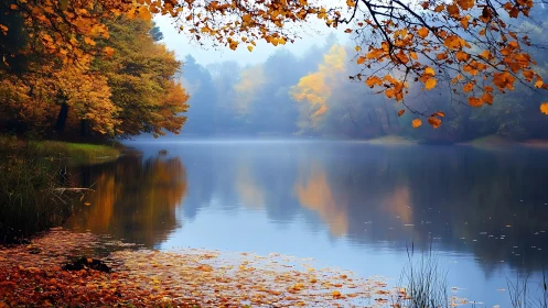 Autumn lake landscape with misty reflections and gold foliage.