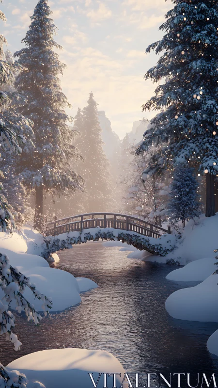 Snow-covered wooden bridge over winter forest stream at dawn.