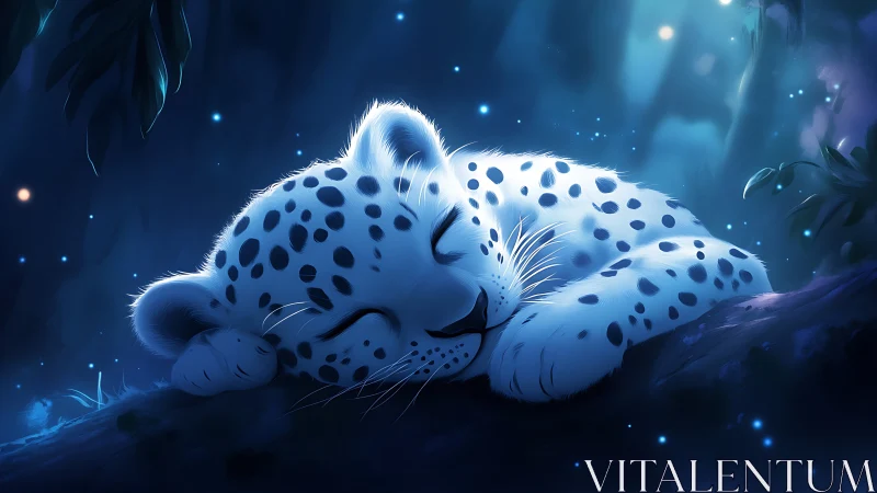 Snow Leopard Sleeping. Ethereal Blue Fantasy.