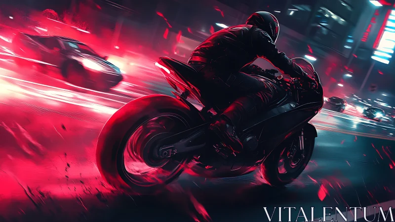 Night rider leans into glowing city streets with bold speed