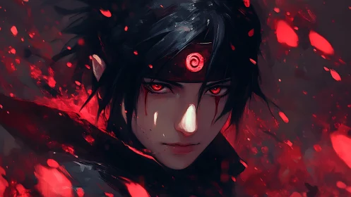 Intense anime warrior portrait in red glowing embers.