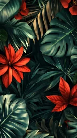 Chromatic tropical foliage with high-contrast digital shading.