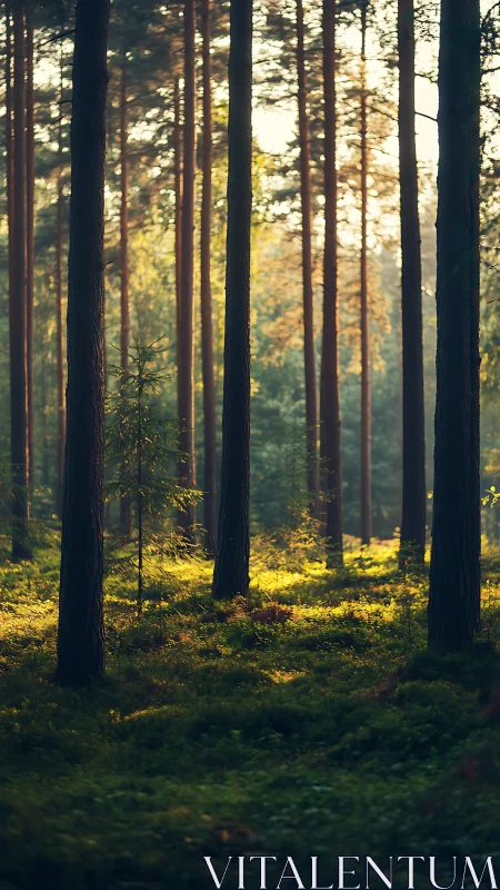 Coniferous forest with tall dark trees and golden sunlight filtering through canopy.