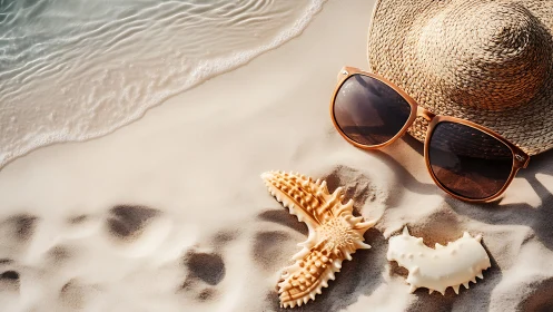 Straw sun hat with sunglasses and seashells on wet shoreline