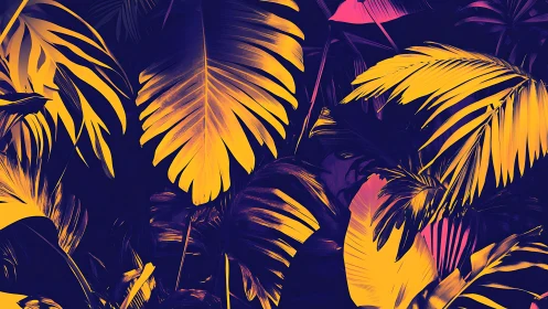 Neon jungle leaves glowing under an ultraviolet twilight hush.