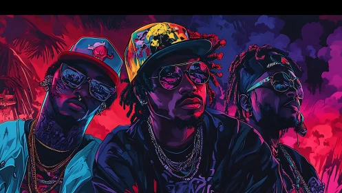 Bold urban trio glows under neon lights with confident style