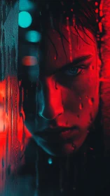 Neon-lit portrait captures a pensive face behind rainy glass