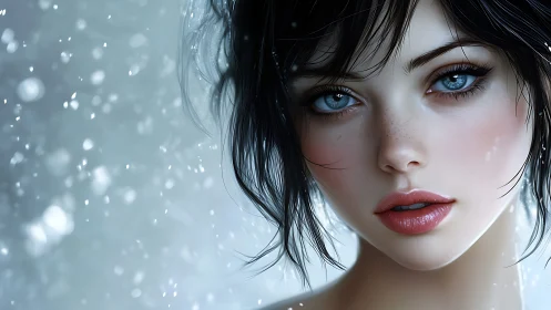 Snowlit gaze captures a serene, hyperreal winter portrait.