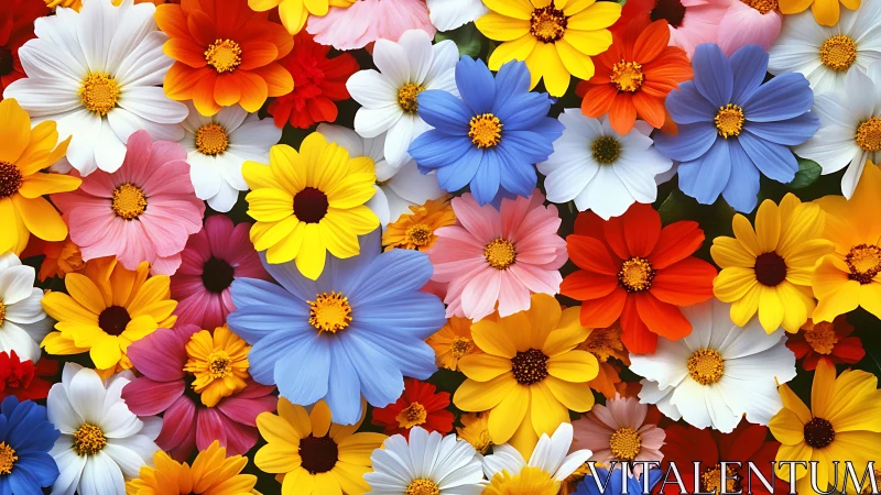 Composite floral assemblage with polychromatic daisy-type specimens arranged in dense visual configu