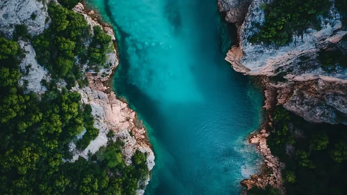 Aerial composition reveals turquoise canyon water between cliffs